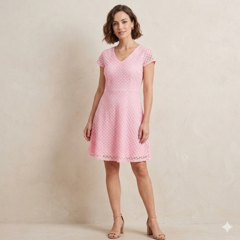 New Salon Studio Fit Flare Dress Pink Lace Scoop Skater Size Large Petite